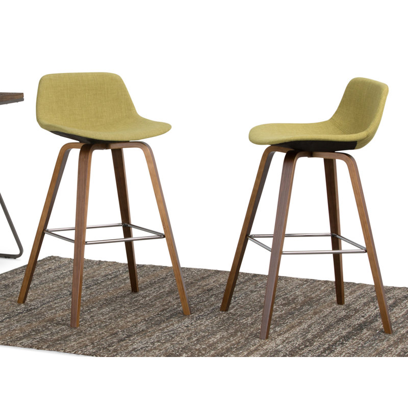 Randolph Upholstered Bentwood Mid-Century Modern Bar & Counter Stool with Chrome Footrest, Linen Look Polyester Fabric-Green