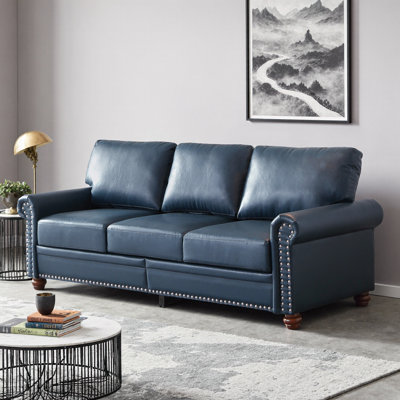 Velmira 83" Classic Faux Leather Sofa with Storage | Round Arm Couch with Silver Nailhead Trim, Breathable PU Upholstery & Solid Wood Frame for Living Room
