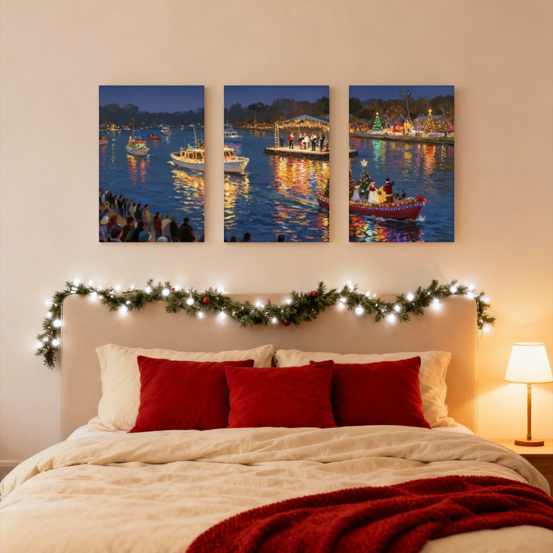 Ensemble de 3 tableaux sur toile représentant un défilé de bateaux de Noël, H 36 po x l 72 po