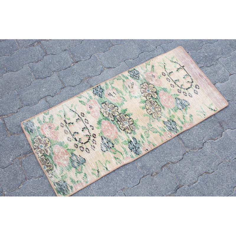 Tapis turc rétro noué à la main pour salle de bain en laine antique brun
