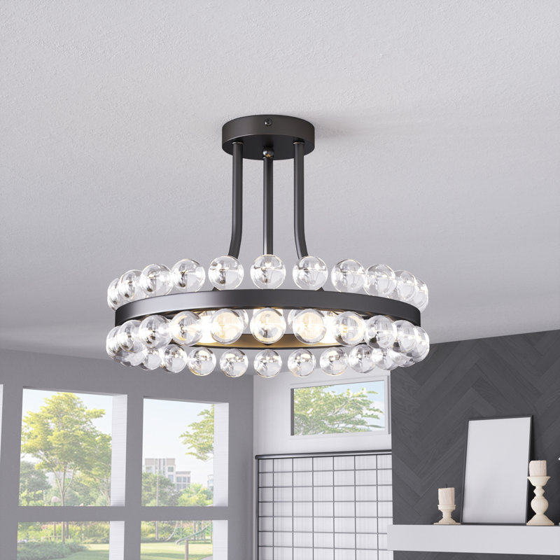 Jackeline 16'' - 3 Lights Matte Black Crystal Ball Modern Chandelier Style Circle Semi Flush Mount Lighting Fixture For Living Room/Bedroom