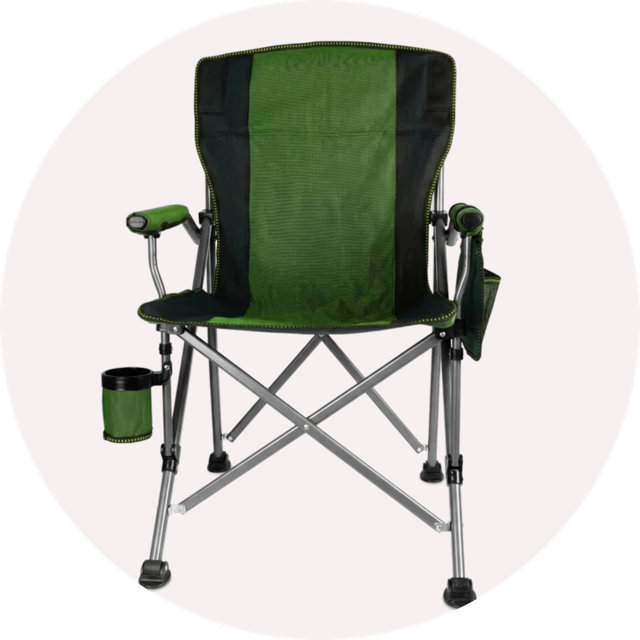 Green and black folding camping chair with a cup holder and side storage pouch.
