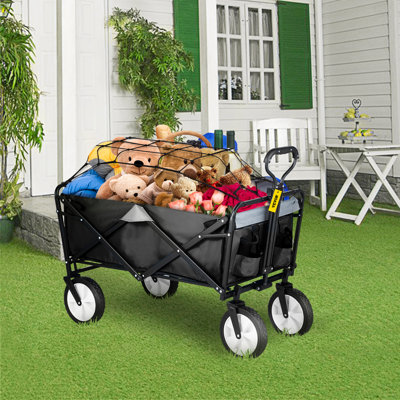 Folding Wagon Cart, 176 lbs Load, Outdoor Utility Collapsible Wagon with Adjustable Handle & Universal Wheels, Portable for Camping, Grocery, Beach, Black & Gray