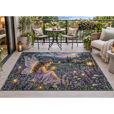 5' x 7' Outdoor Area Rug Lavender Fairy Garden Heavyweight Solid Waterproof PVC Coil Loop Carpet, Heavy Duty Patio Rug, Quick Dry Indoor Outdoor Mat for Porch Deck Balcony Entryway RV Camping