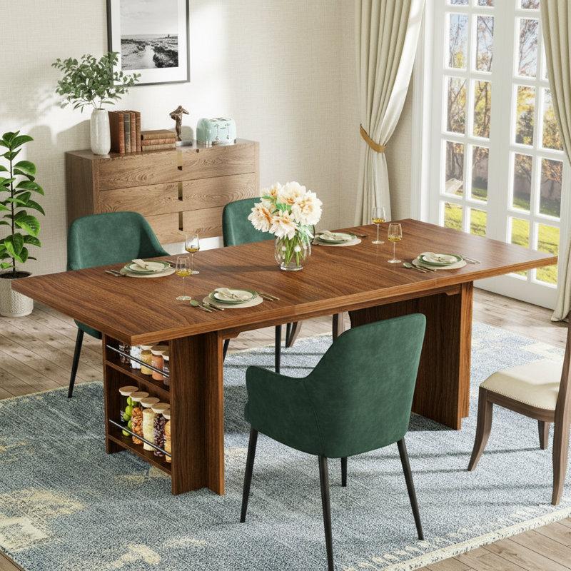 Table de salle à manger de 63 po en bois avec tablettes pour 6 à 8 personnes