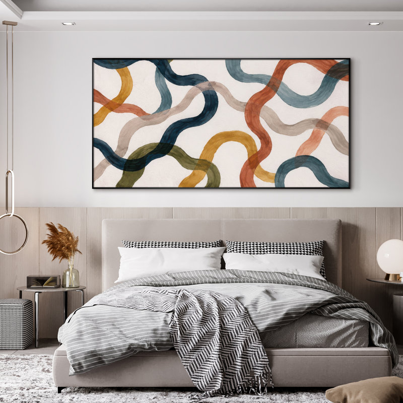 Très grand art mural imprimé sur tissu - Motif de lignes ondulées abstraites colorées pour le salon ou la chambre à coucher - «Assemblage requis du cadre (cadre non fini)»