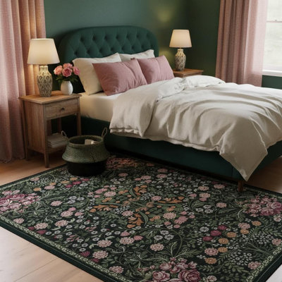 Tapis bohème floral 3 x 5 lavable vert foncé | Pour chambre à coucher, salle à manger, style campagne rétro, lavable à la machine, antidérapant, résistant aux taches, intérieur