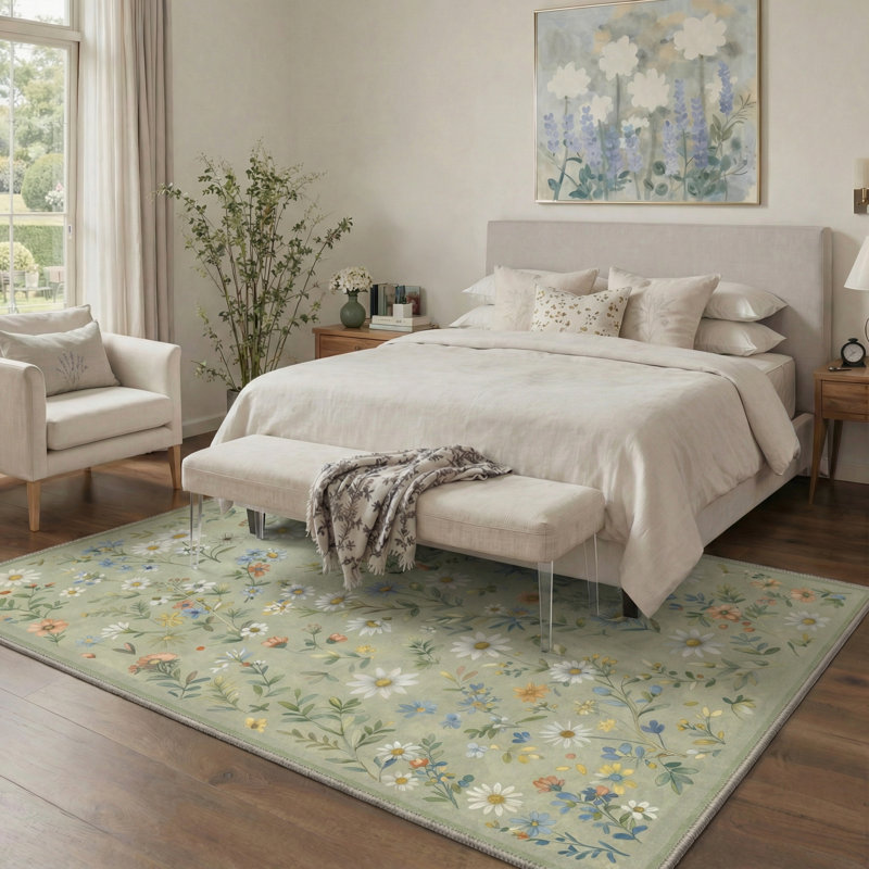 Tapis d'intérieur vert / blanc / bleu lavable à la machine Cogswell Botanica avec envers antidérapant, Rectangle 8' x 10'