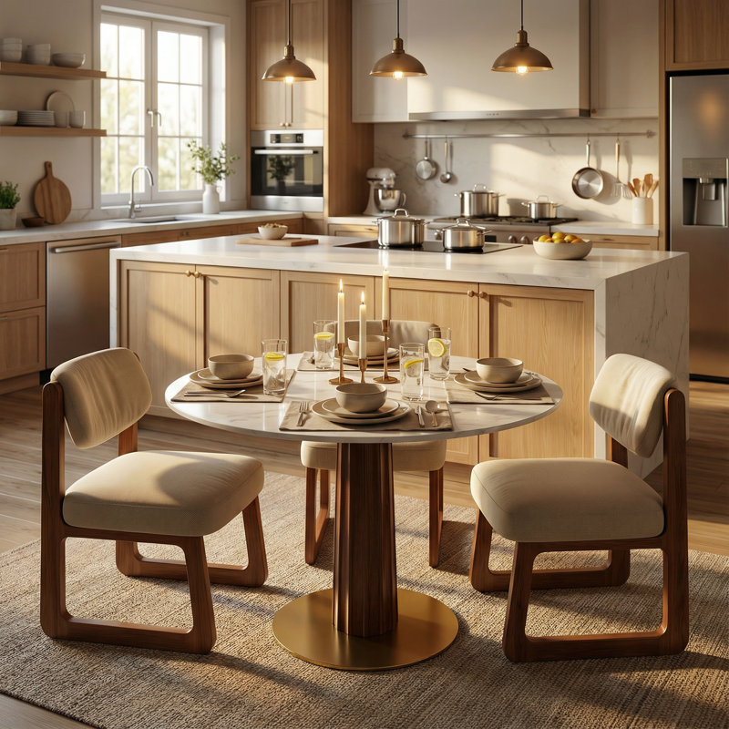 Ensemble de table de salle à manger 33,5 pouces moderne avec plateau en pierre, piédestal en bois massif et chaises réglables rembourrées