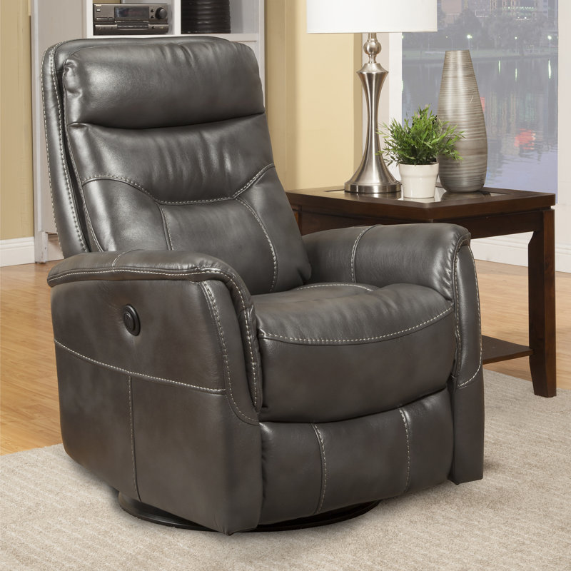 Akeelah 31" W Solid Wood Power Swivel Glider Polyester Upholstered Recliner, Flint Faux Leather