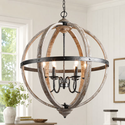 Aziz 6 - Light 27"W Large Globe Chandelier, Modern Farmhouse Distressed Wood Pendant Light for Dining Room and Foyer