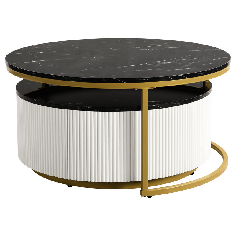 Élégante table basse gigogne cannelée en noir et or - Tiroir pour commodité moderne avec look élégant, Doré / noir