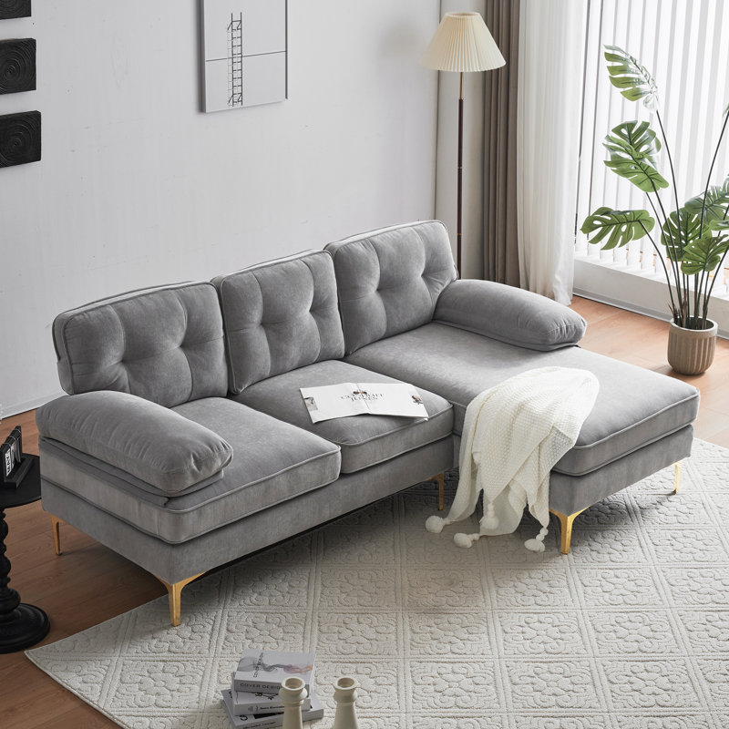Meganmarie 83'' Velvet Sofa Chaise, Gray Velvet