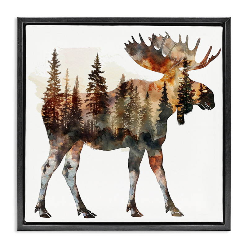  "Moose Forest Silhouette", art mural encadré par LSR Design Studio, Cadre flottant noir de jais, H 18 po x l 18 po