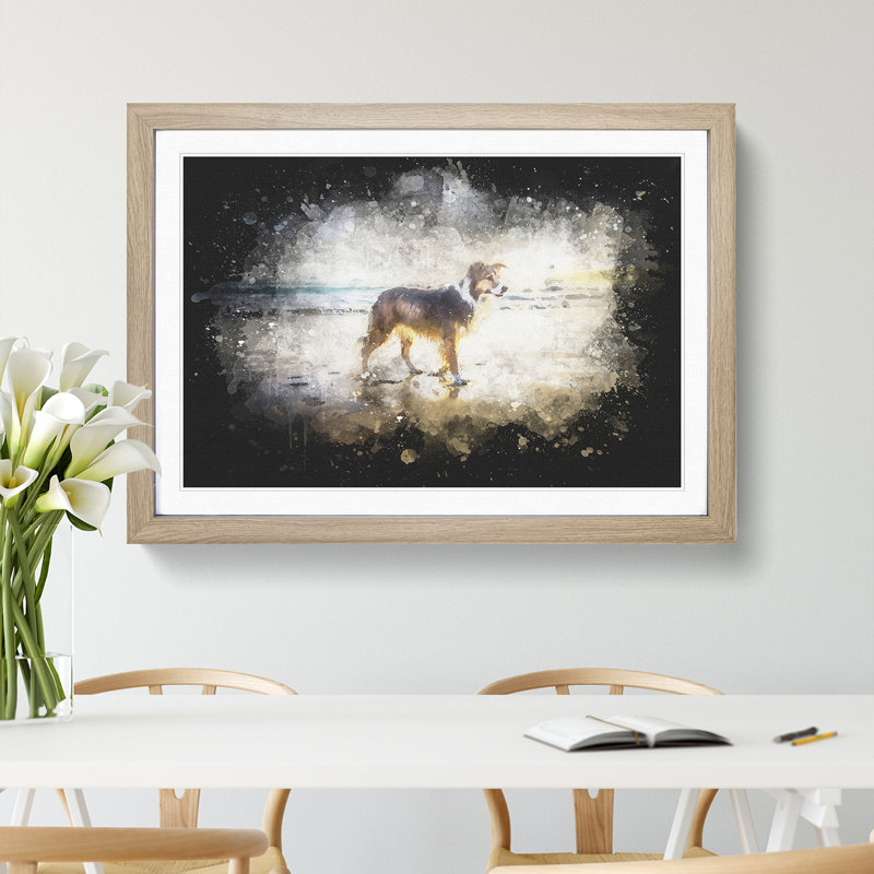 Border Collie Dog at the Beach - Picture Frame Painting Print, 45cm H x 63cm W x 2cm D, Oak Framed