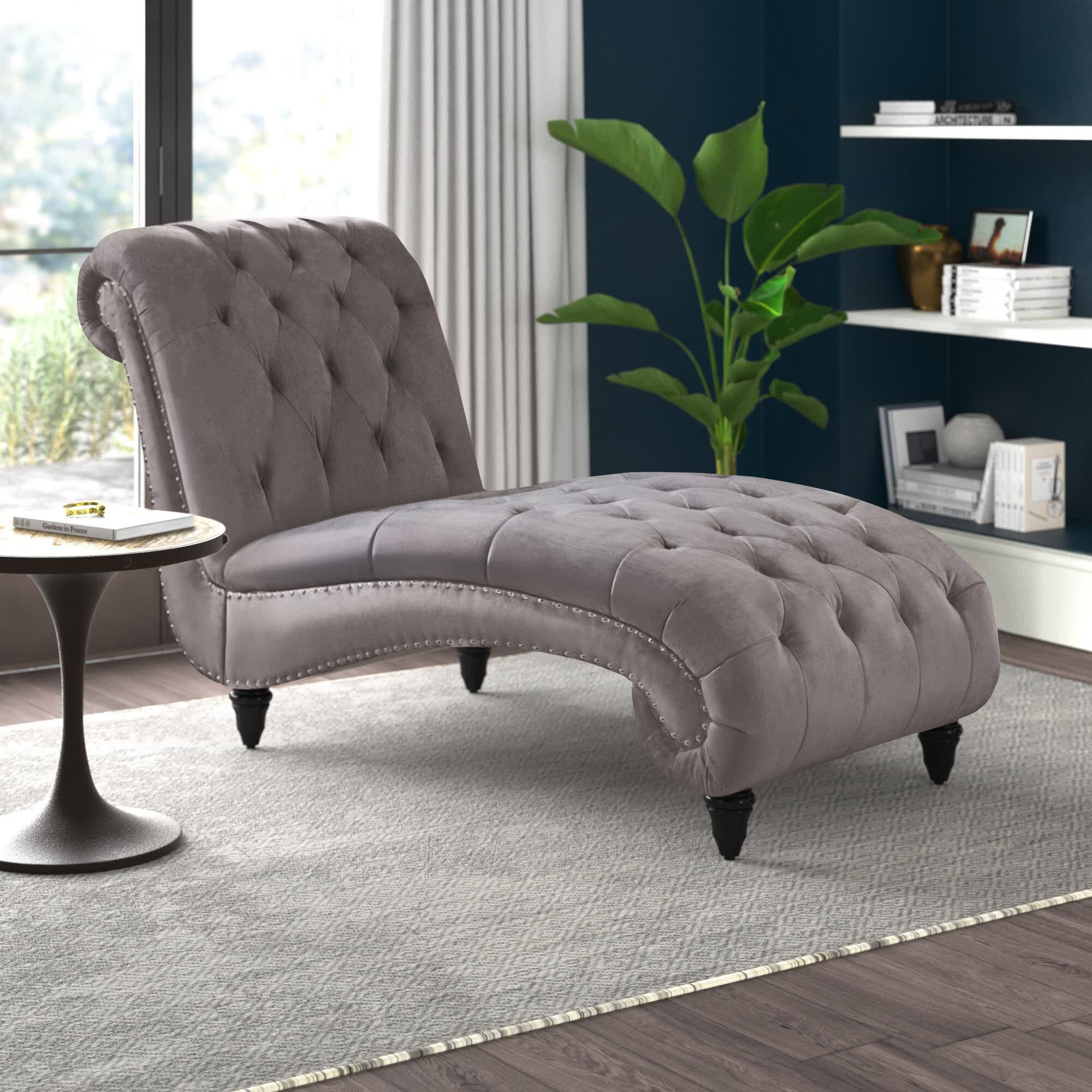 HomSof Chaise, Grey Modern Velvet Indoor, Left Arm Design Lounge Sofa, Reclining Chair Solid Wood Legs with 1 Pillow
