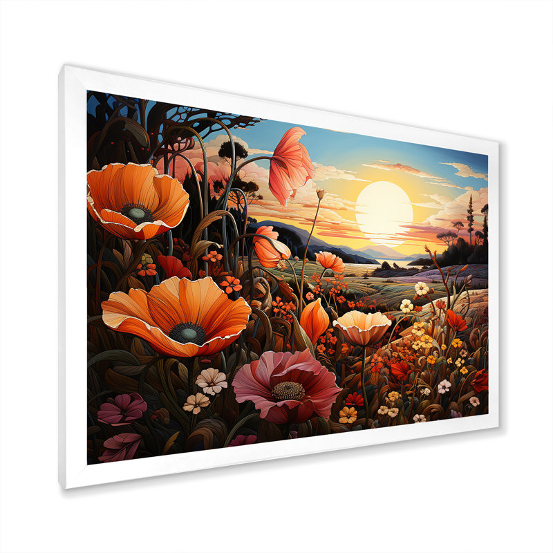 «Orange Crimson Flower S Embrace I», reproduction sur toile, Cadre simple blanc, H 34 po x l 44 po x P 1,5 po