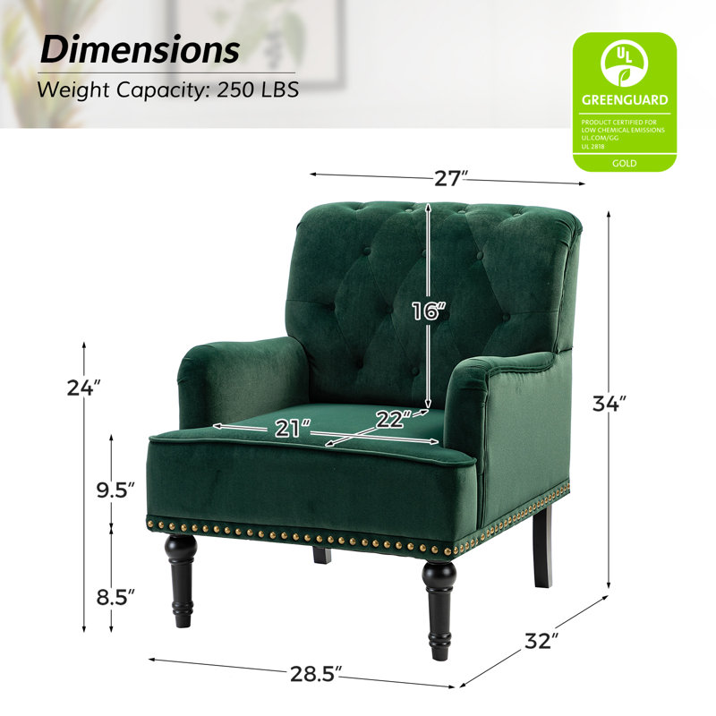 Jakub 28.5" W Velvet Tufted Polyester Armchair with Nailhead Trim, Green Polyester