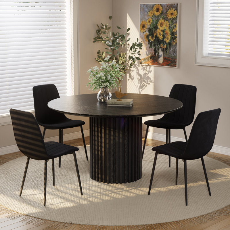 Round Pedestal Dining Table Set, Black, Black, 7