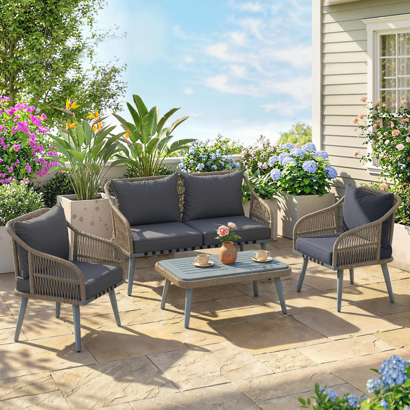 Outsunny 4 Piece Rattan Garden Furniture Set with Loveseat, Grey, Grey