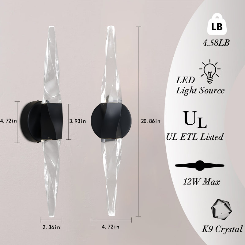 Ensemble de 2 appliques murales luxueuses à bras en cristal, applique moderne avec double source de lumière à DEL pour meuble-lavabo