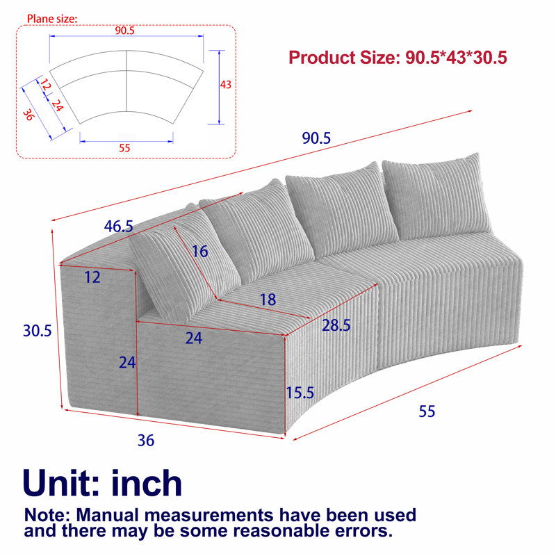 Canapé modulaire courbé Corduroy, Beige, 2 sièges
