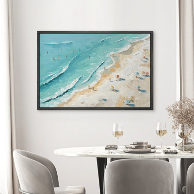Aerial Summer Beach Scene Waves and Umbrellas Coastal View Framed Canvas Master Bedroom Wall Art Work Print