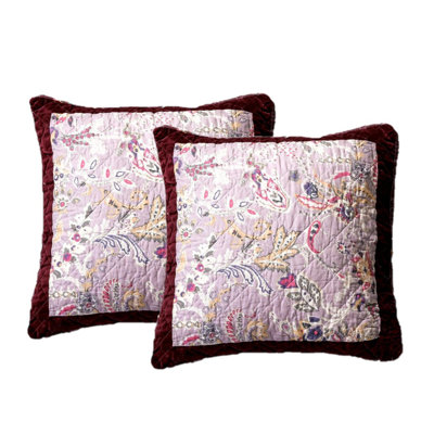 Bohemian Patchwork Wine Velvet Trim Floral Square Cotton Pillow Cover
