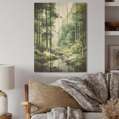 Tranquil Shadows Green Forest I - forêt, art mural sur bois de pin naturel