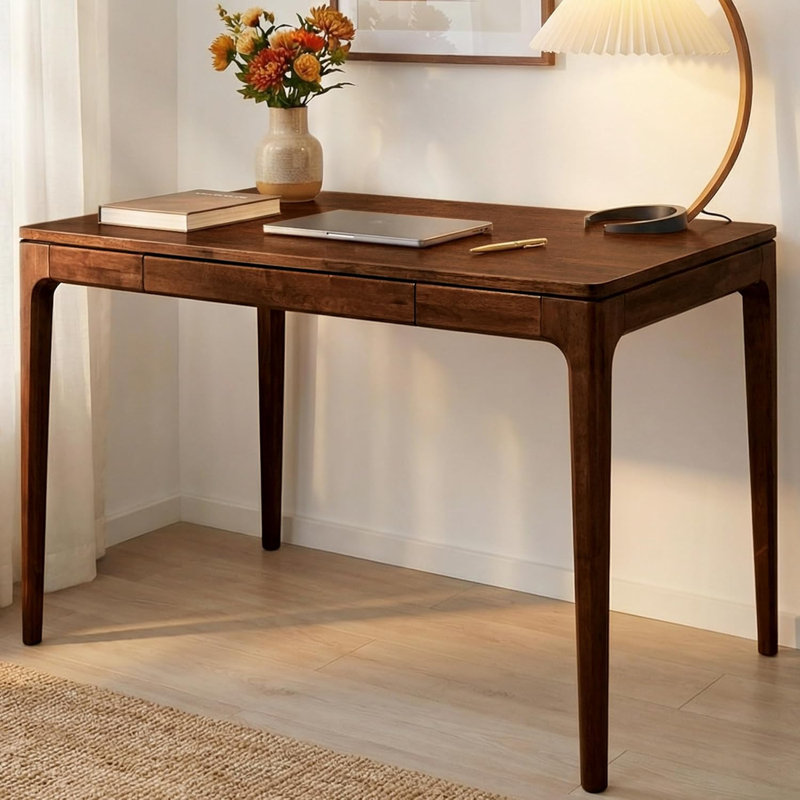 ACACIA Wilma 48” Modern Writing Desk with Storage Drawer, Solid Rubber Wood Space-Saving Table for Small Dining Table for 4, Home Office Workstation, Leisure, Easy Setup - Walnut Finish