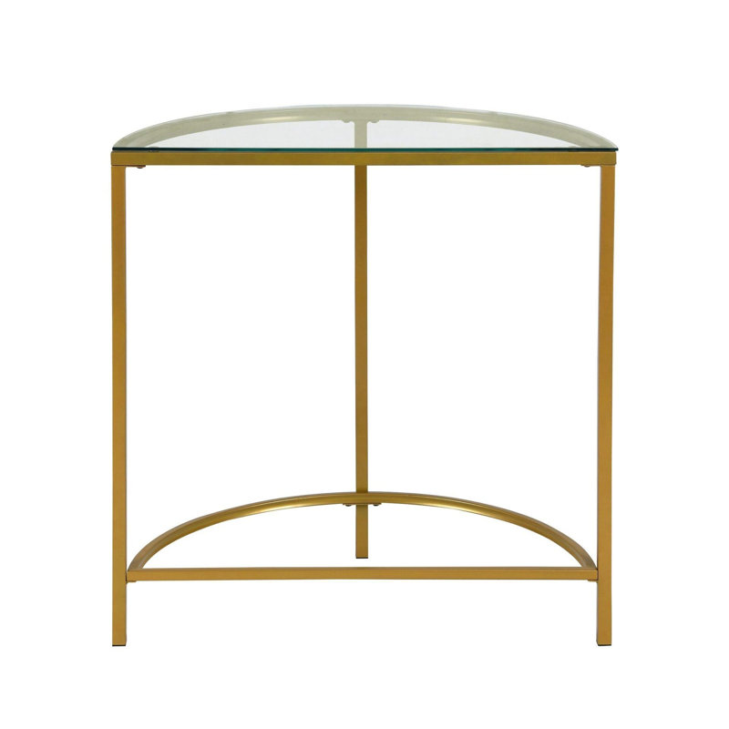 Table console demi-cercle à trois pieds en verre transparent et doré de 74 cm (29 po) et en fer