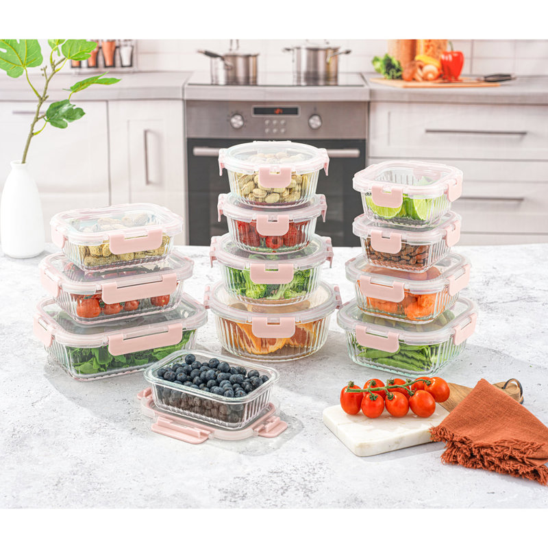 JoyJolt Fluted Glass Food Storage Containers with Leakproof Lids, Set of 12, Pink