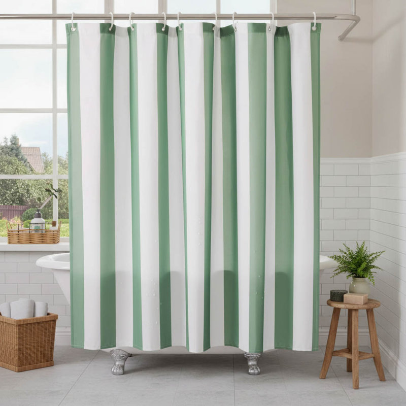 Waterproof Striped Polyester Shower Curtain For Modern Bathrooms, Sage Green