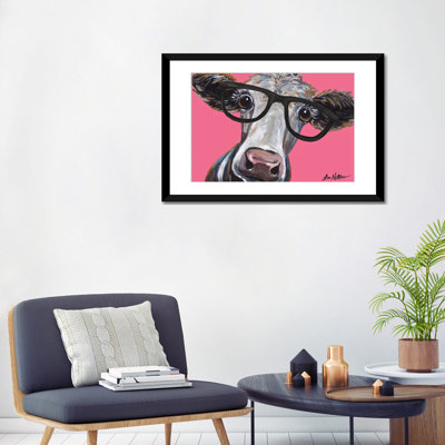 " Cora The Cow With Glasses On Pink " by Hippie Hound Studios