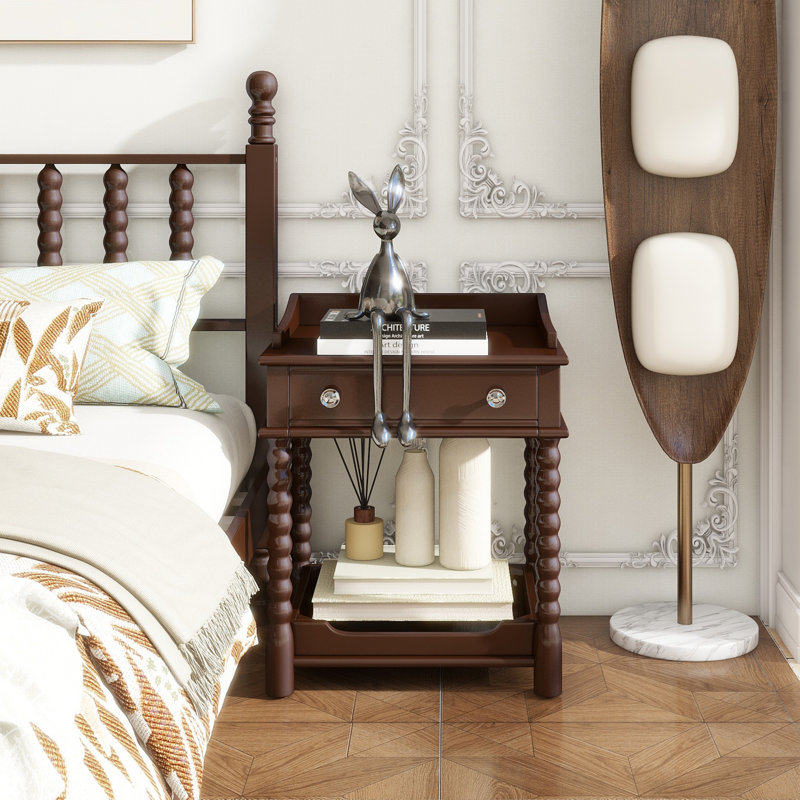Retro Style Nightstand With Drawer And Open Shelf For Bedroom, Bedside Table With Turned Legs And Metal Handle,, Walnut