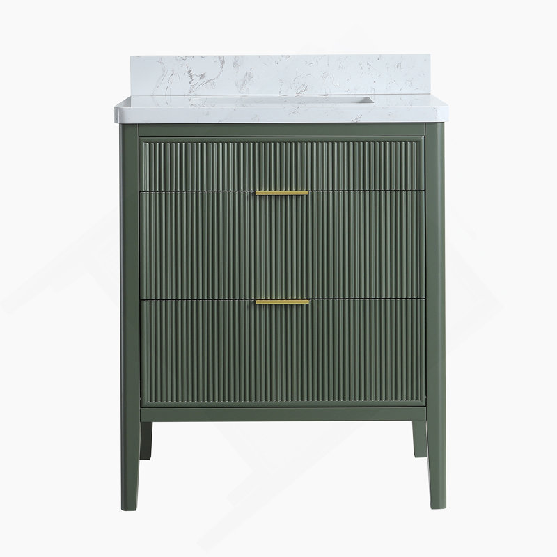 Ensemble de meuble-lavabo sur pied entièrement assemblé avec 2 ensembles de poignées et plateau en marbre d'ingénierie entièrement assemblé