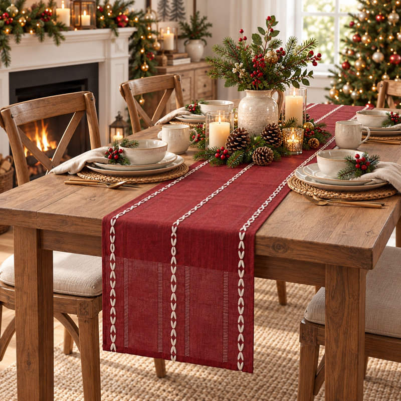 Red Rustic Cotton Linen Table Runner, 13 by 72 Inch