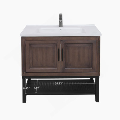 Meuble-lavabo 36 po avec lavabo en céramique blanc et robinet d'eau chaude et froide, armoire de salle de bain autoportante avec 2 portes de rangement et tablette ouverte en fer pour la salle de bain