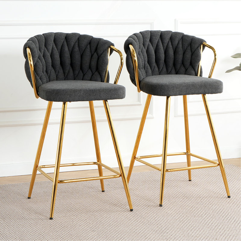 Chaise de bar moderne et moderne avec tabourets hauts et pattes plaquées or pour salle à manger en lin gris foncé, Gris foncé