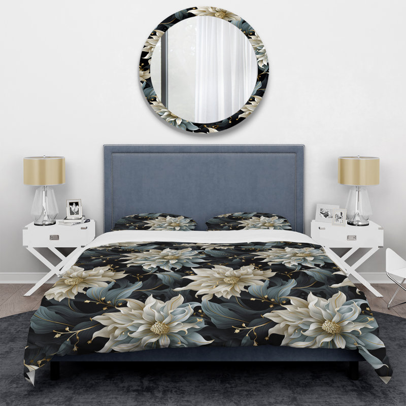 Beige And Blue Flowers Elegance - Ensemble de housse de couette glam, Housse de couette pour grand lit et 2 taies décor