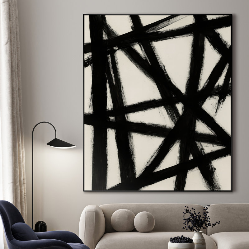 Extra Large Wall Art Fabric Print - Black & White Abstract Art Bold Pattern Contemporary Artwork Decor for Living Room or Bedroom - "Frame Assembly Required (Unfinished Frame)"