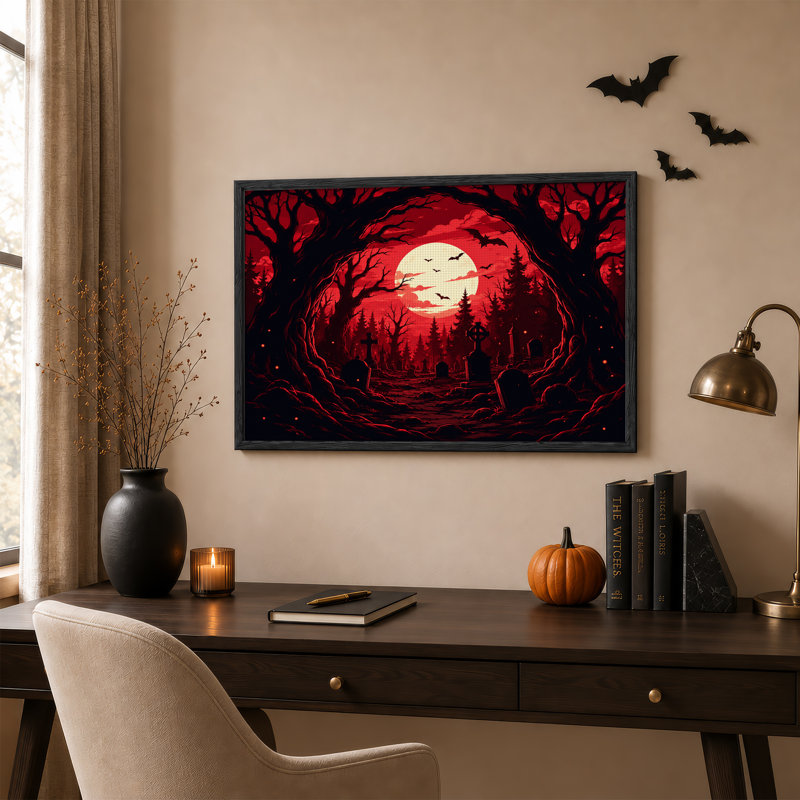 Cimetière sombre avec pleine lune et chauves-souris sous une toile rouge d'Halloween, 18"H x 24"W