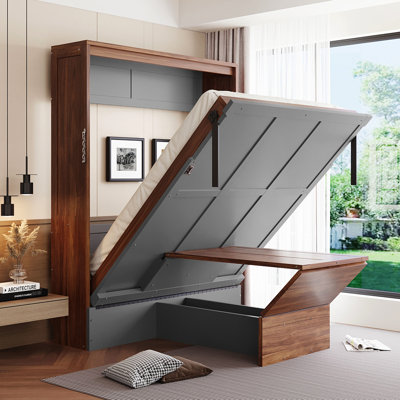 Lit double pleine grandeur avec bureau pliable, esthétique noyer et gris, convient aux petits espaces de la chambre d'amis, cadre de travail en bois massif, espace de travail caché, couleurs, bureaux à domicile idéaux, sommeil harmonieux