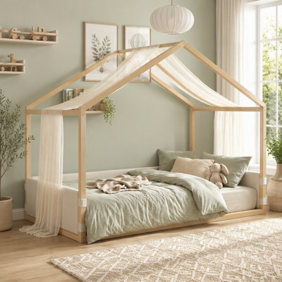 Twin Size Canopy Bed with Upholstered Velvet Side Panels, Breathable Gauze Canopy, Soft-Padded Platform Bed Frame, Easy Assembly