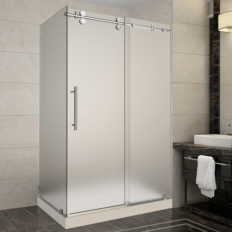 Langham 48" W x 35" D x 77.5" H Frameless Rectangle Sliding Shower enclosure with Base Included, Right, Stainless Steel