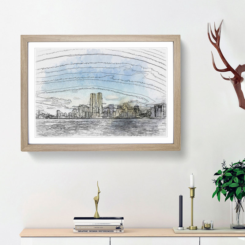 New York Skyline with the Twin Towers in Abstract - Picture Frame Graphic Art Print, Oak Framed, 48cm H x 65cm W x 2cm D