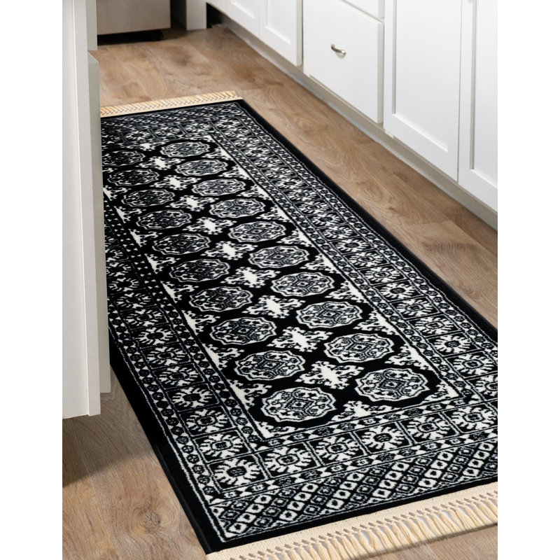 Tapis traditionnel Hinshaw noir et blanc, Tapis de couloir 2 pi x 8 pi