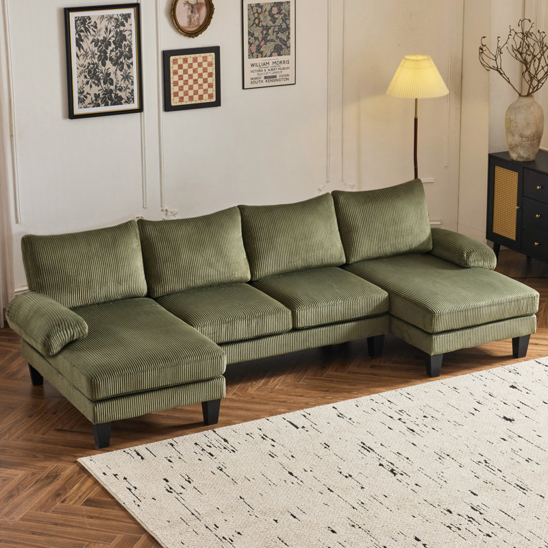  110 In. Pillow Top Arm U-Shaped Sectional Sofa, Green Corduroy