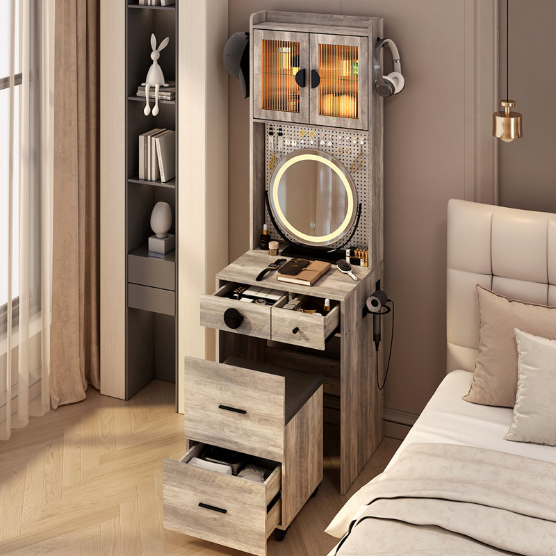 Petit bureau de coiffeuse avec miroir et lumières DEL, Noir, noir, noir, noir, Beige