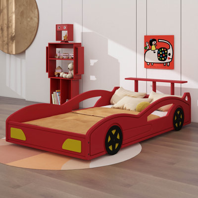 Lit de voiture de course en bois, lit plateforme en forme de voiture avec roues pour adolescents